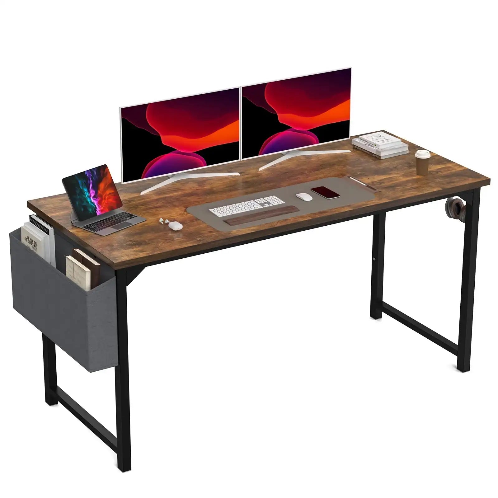 1- Product Title: Sleek Compact Computer Desk with Side Storage Bag & Headphone Hook