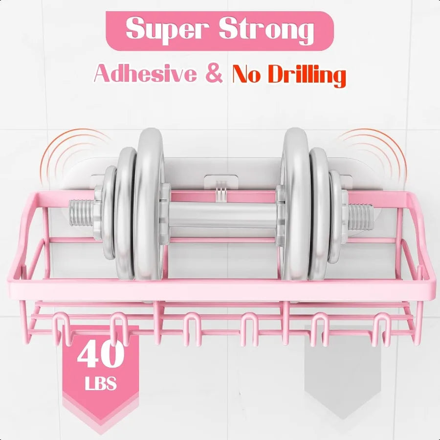 2-Pack Adhesive Stainless-Steel Shower Caddy – Rustproof Wall-Mounted Racks for Bathroom Storage (Pink Accent)