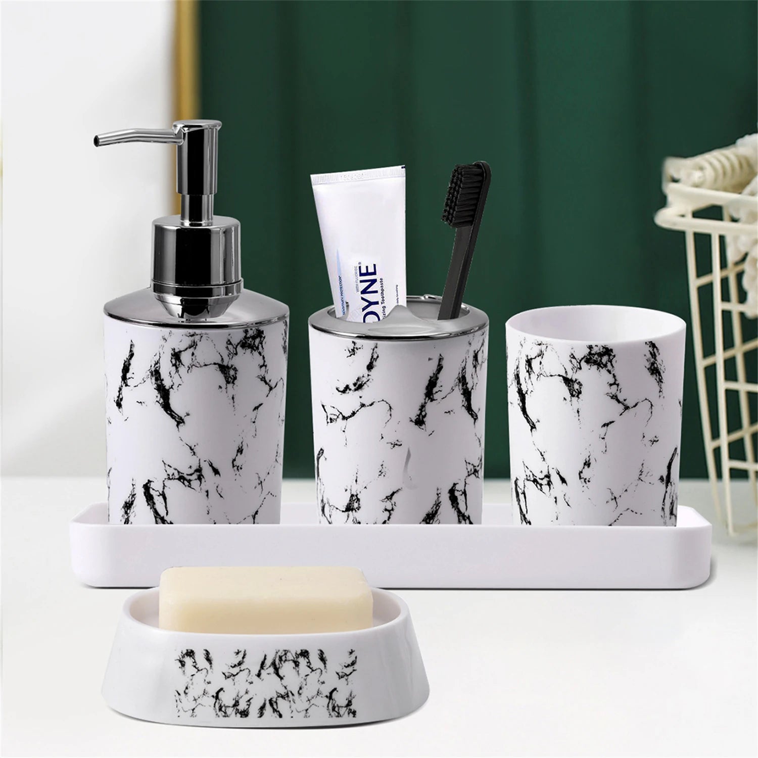 5-Piece Marble Bathroom Accessory Set (Black & White) – Lotion Dispenser, Toothbrush & Mouthwash Cups, Soap Dish & Box