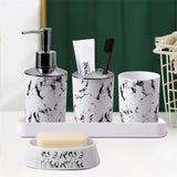 5-Piece Marble Bathroom Accessory Set (Black & White) – Lotion Dispenser, Toothbrush & Mouthwash Cups, Soap Dish & Box