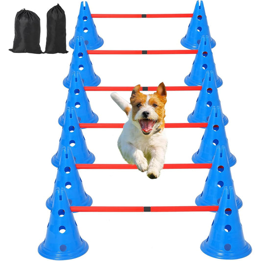 Dog Agility Hurdle Cone Set – Backyard Training Course with 12 Cones & 6 Agility Rods for Pet Exercise & Obedience
