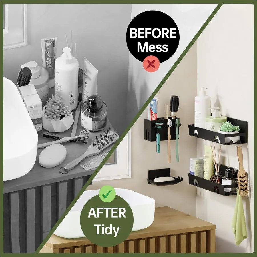 4-Pack No-Drill Plastic Corner Shower Caddy Set – Wall-Mount Organizer with Toothbrush Holder & Soap Dish, Black