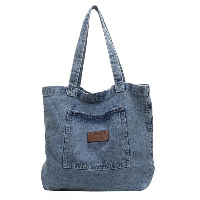 Women’s Large Capacity Denim Tote Bag – Solid Colour Casual Shopping Handbag