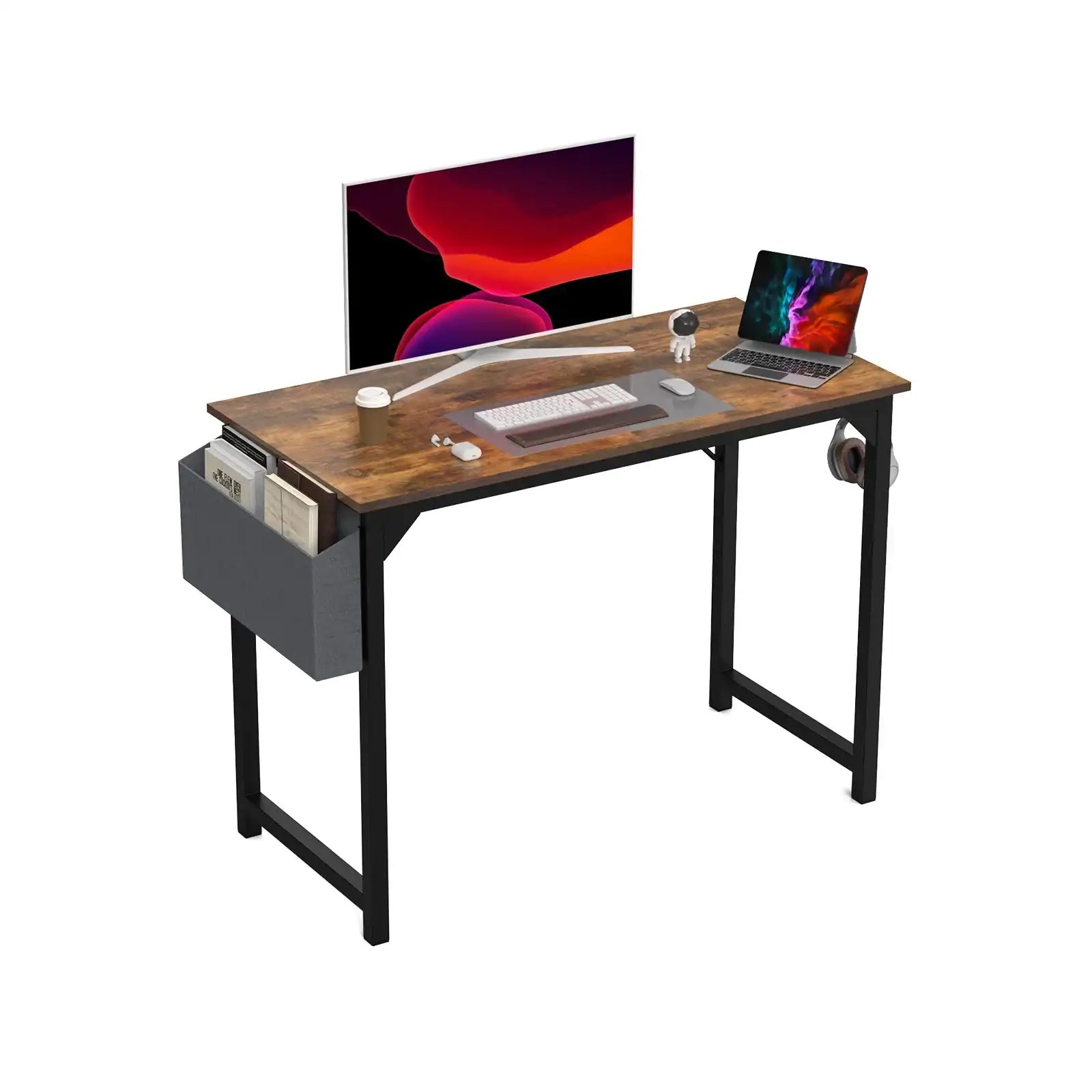 1- Product Title: Sleek Compact Computer Desk with Side Storage Bag & Headphone Hook