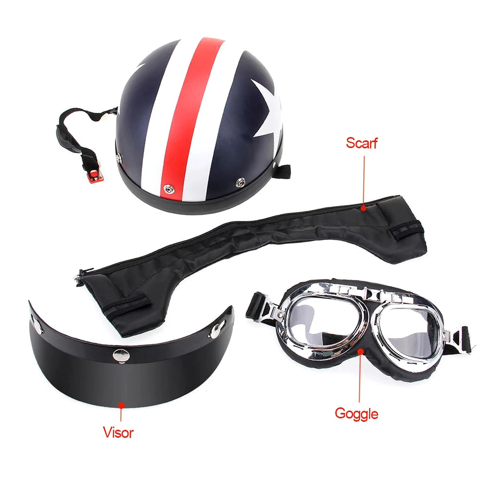 Half Open Face Bike Helmet with Goggles & Visor – Motorcycle & Scooter Touring Helmet with Scarf Protection