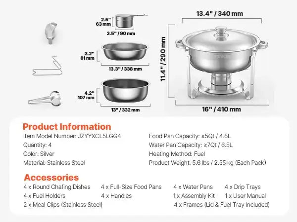Vevor 4-Pack Chafing Dish Buffet Set – Stainless Steel Chafer with 4 Full-Size Pans, Round Catering Warmers for Parties & Banquets