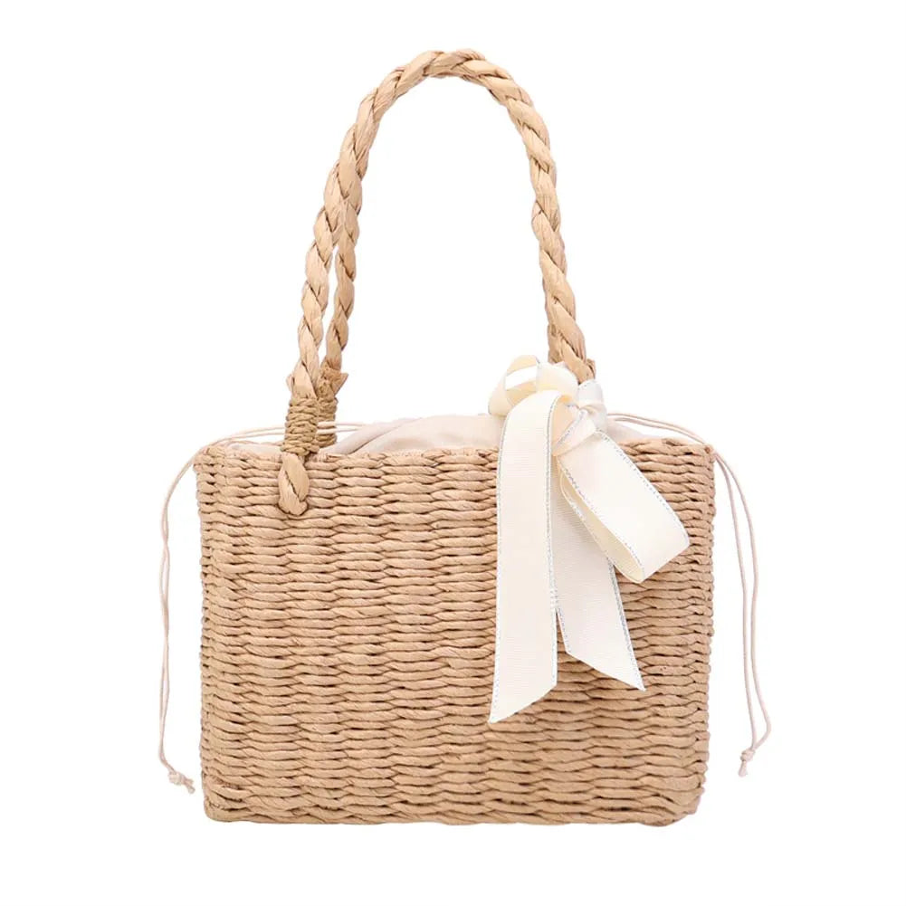 Women’s Handmade Straw Square Basket Tote – Vintage Summer Beach Woven Bag