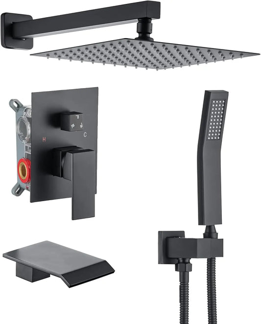 Black Concealed Shower System Rainfall Waterfall Set with Tub Spout – Luxury In-Wall Mixer Kit