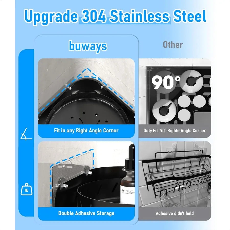 360° Rotating Corner Shower Caddy Shelf with 6 Hooks (2-Pack) – Rust-Proof Stainless Steel Organiser