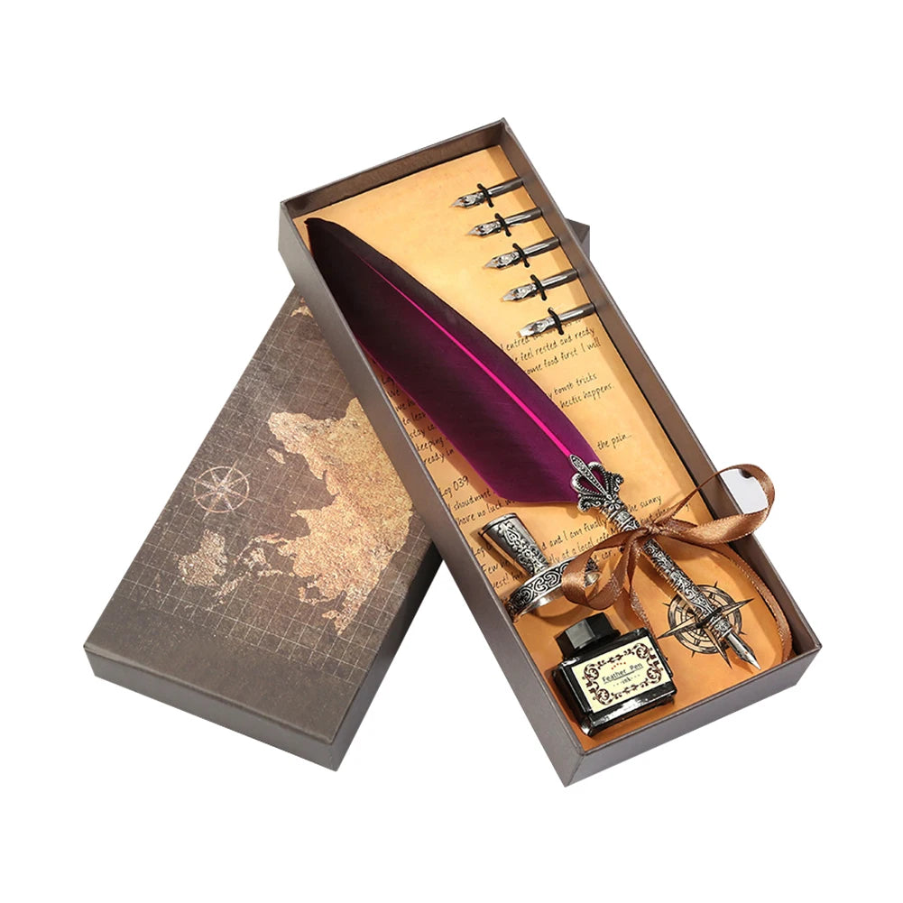✒️ Retro Vintage Calligraphy Feather Dip Pen Set – Quill Fountain Pen with Ink for Writing, Crafts & Gifts