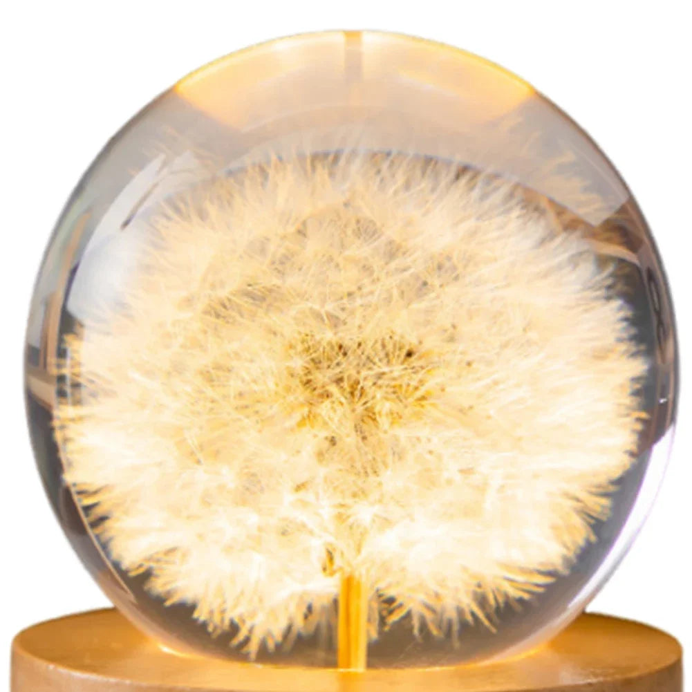 Forever Flowers Crystal Ball Light – LED Round Night Lamp with Wooden Base, Decorative Home & Office Gift for Men, Women & Kids