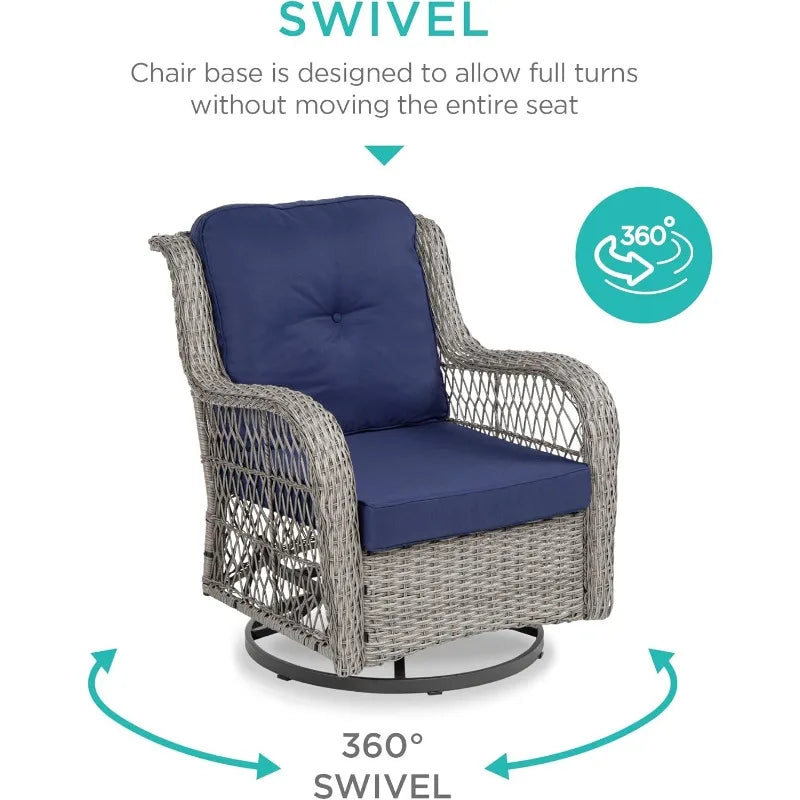 3-Piece Outdoor Wicker Patio Bistro Set – 360° Swivel Rocking Chairs with Cushions & Tempered Glass Table | Weather-Resistant Furniture Set