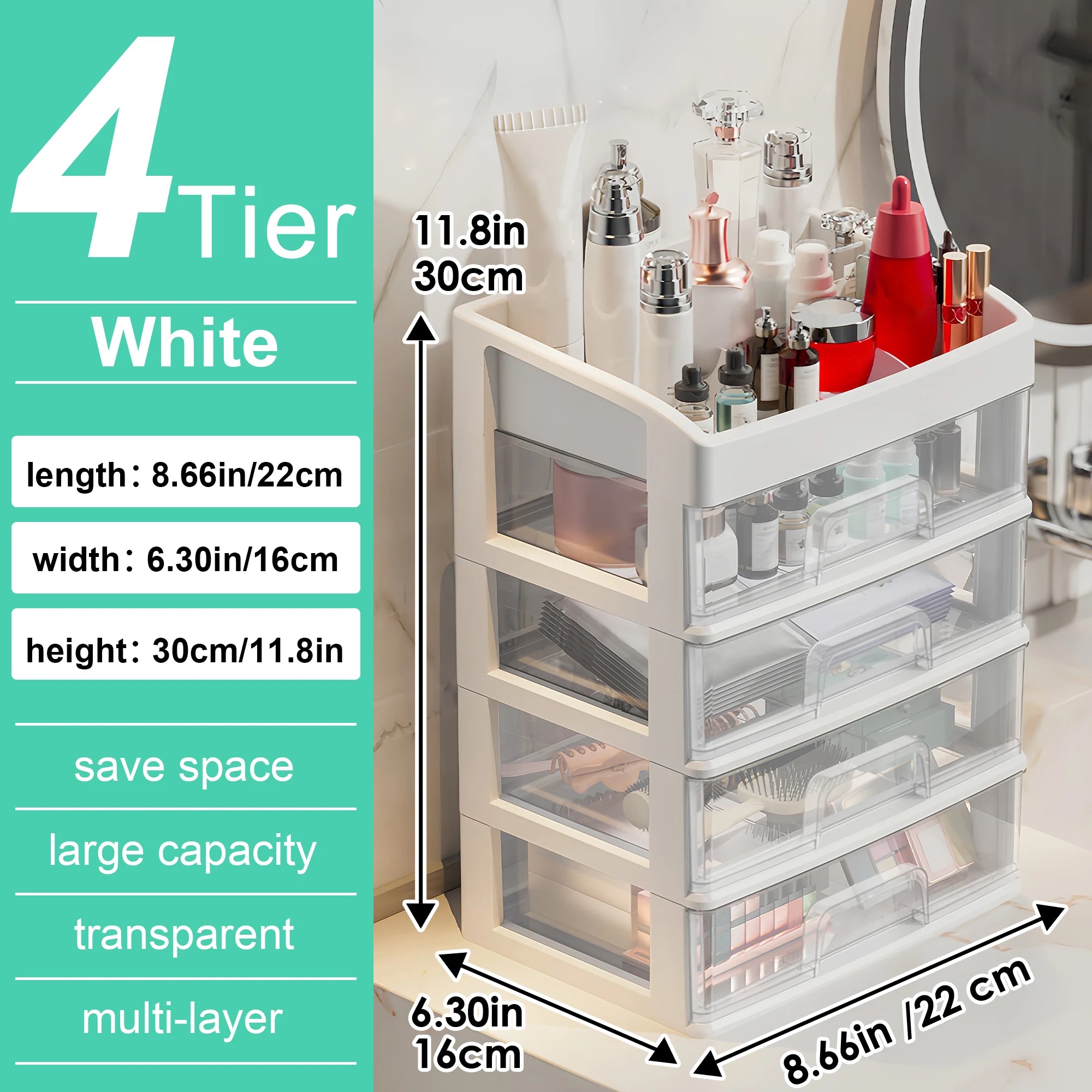 4-Tier Plastic Desktop Organizer with Drawers & Top Compartments – Storage Box for Cosmetics, Jewelry & Office Supplies