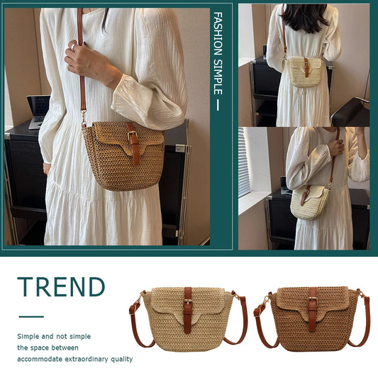 Women’s Summer Straw Tote Bag – Handmade Woven Paper Rope Crossbody with Adjustable Straps, Fashion Mobile Phone Bag