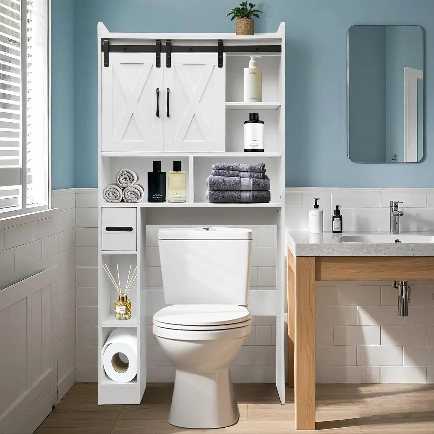 Over-the-Toilet Storage Cabinet with Barn Doors & Paper Holder – Space-Saving Bathroom Rack