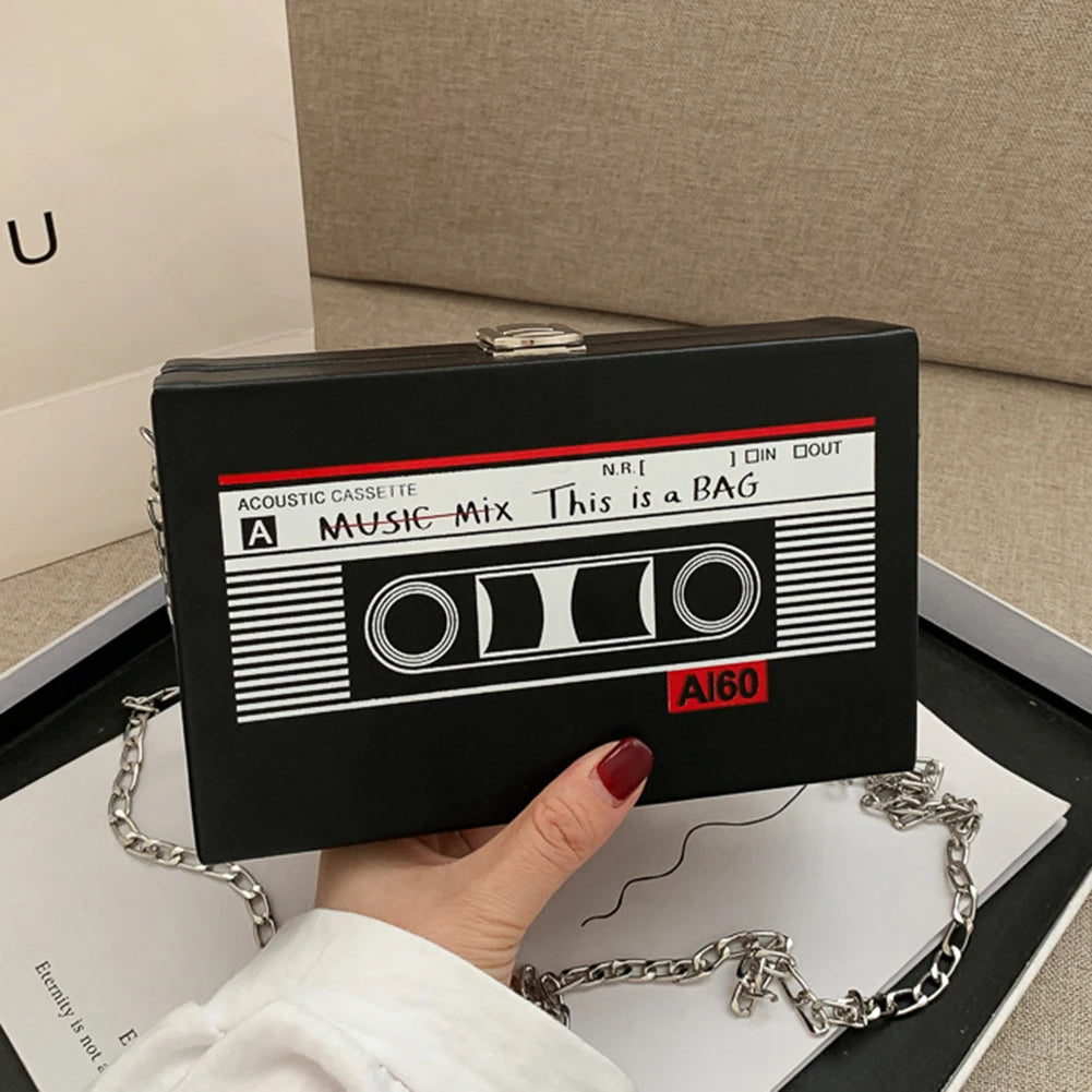 Women’s Radio Shape Crossbody Bag – Retro PU Leather Mini Chain Purse with Tape Recorder Print for Daily Use 🎶