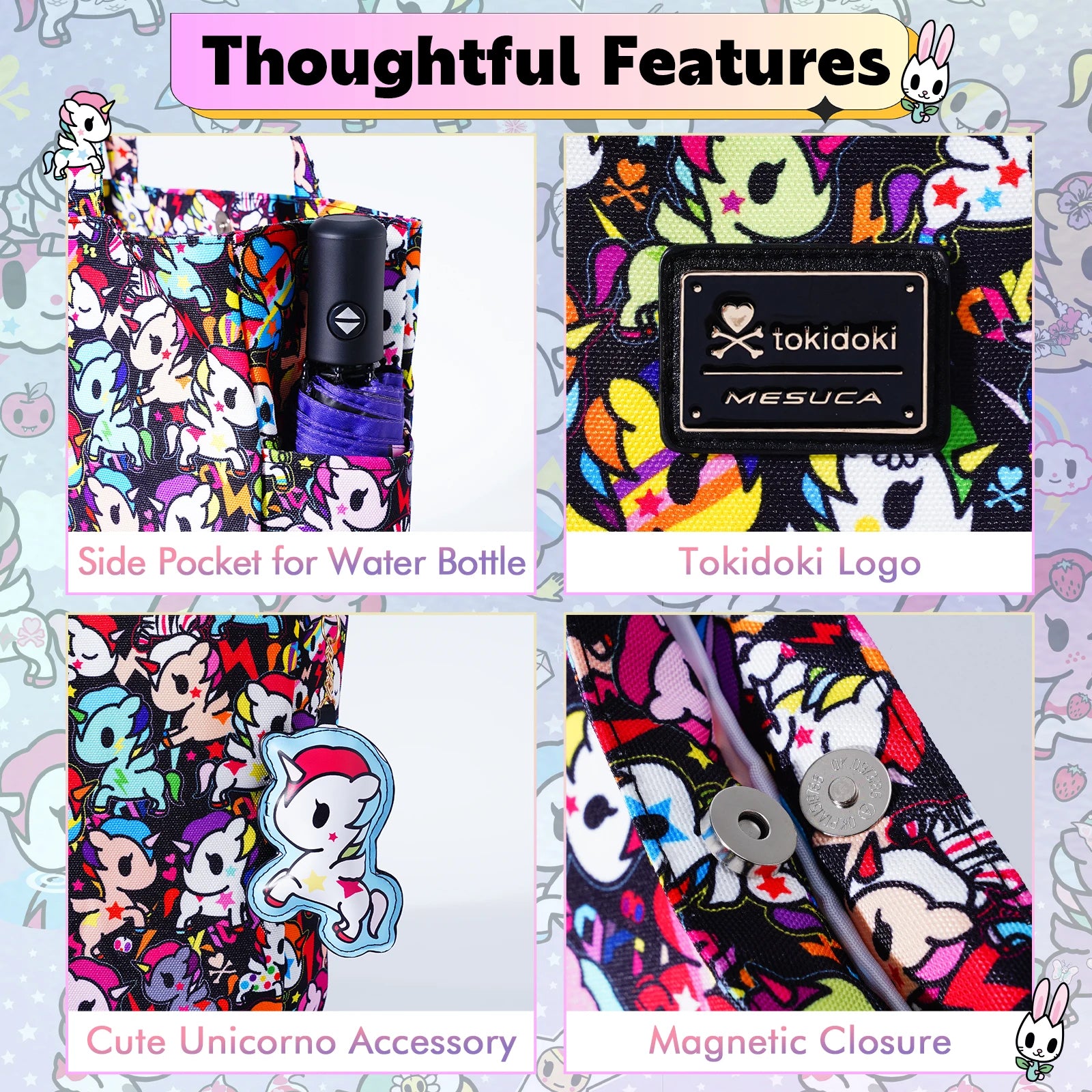 Official Tokidoki Unicorno large tote bag – lightweight women’s shopping & travel shoulder bag with Unicorno keychain