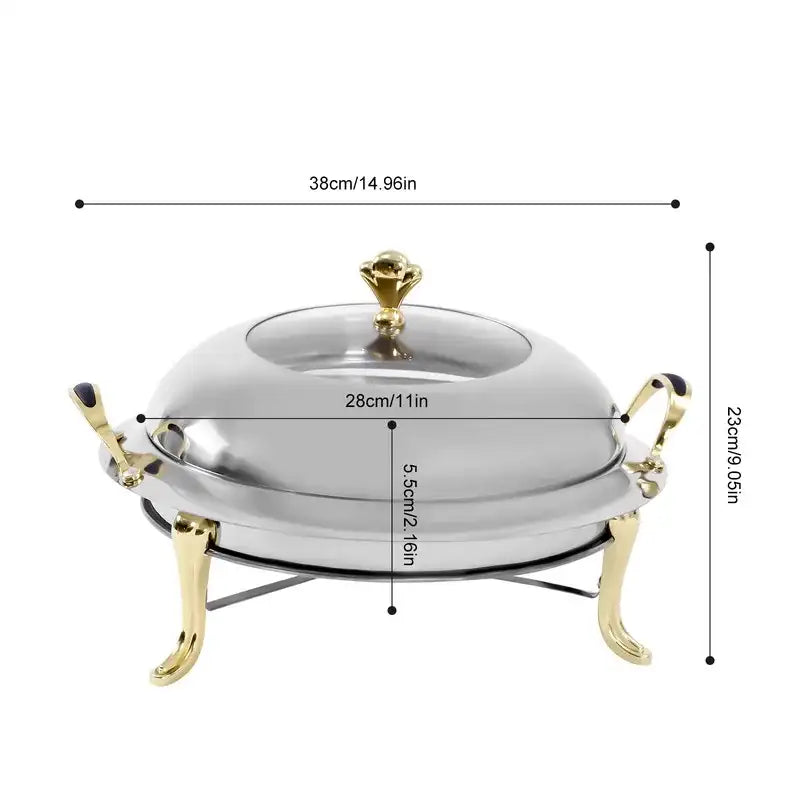 Round Stainless Steel Cooking Buffet Warmer Tray with Lid & Fuel Holder – 6 L / Professional Serving Set