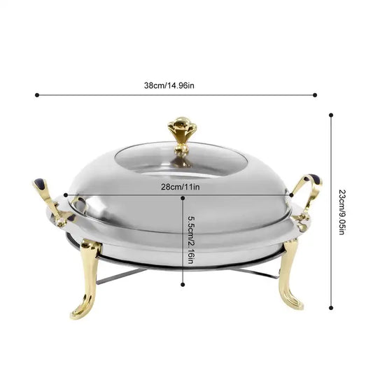 Round Stainless Steel Cooking Buffet Warmer Tray with Lid & Fuel Holder – 6 L / Professional Serving Set