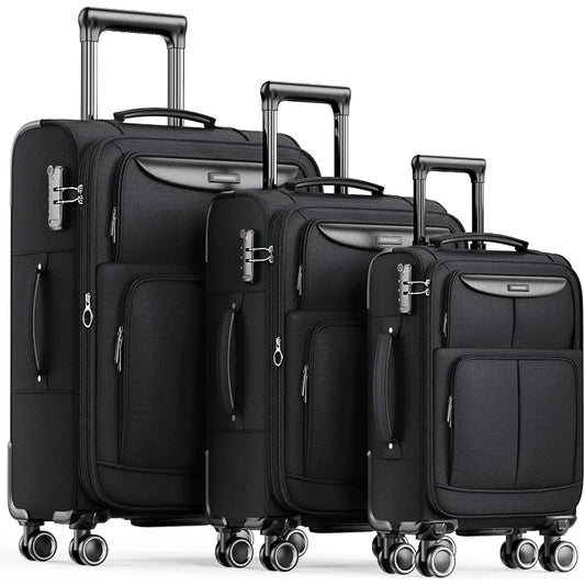 3-Piece Softside Expandable Luggage Set – Lightweight Durable Suitcases with Double Spinner Wheels & TSA Lock (Black)