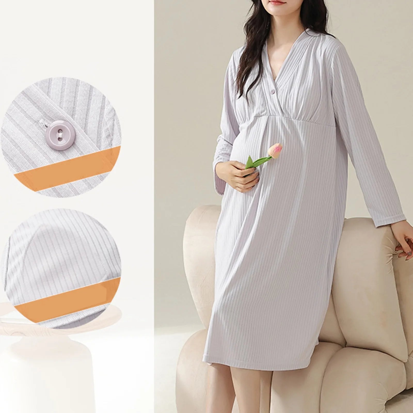 Women’s Maternity Gender Reveal Dress – Summer Nursing Nightdress with Thin Belt & Built-In Breast Pads