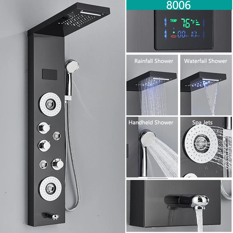 LED Light Rainfall Shower Panel System – Thermostatic Mixer Tap with Massage Jets & Digital Temperature Screen