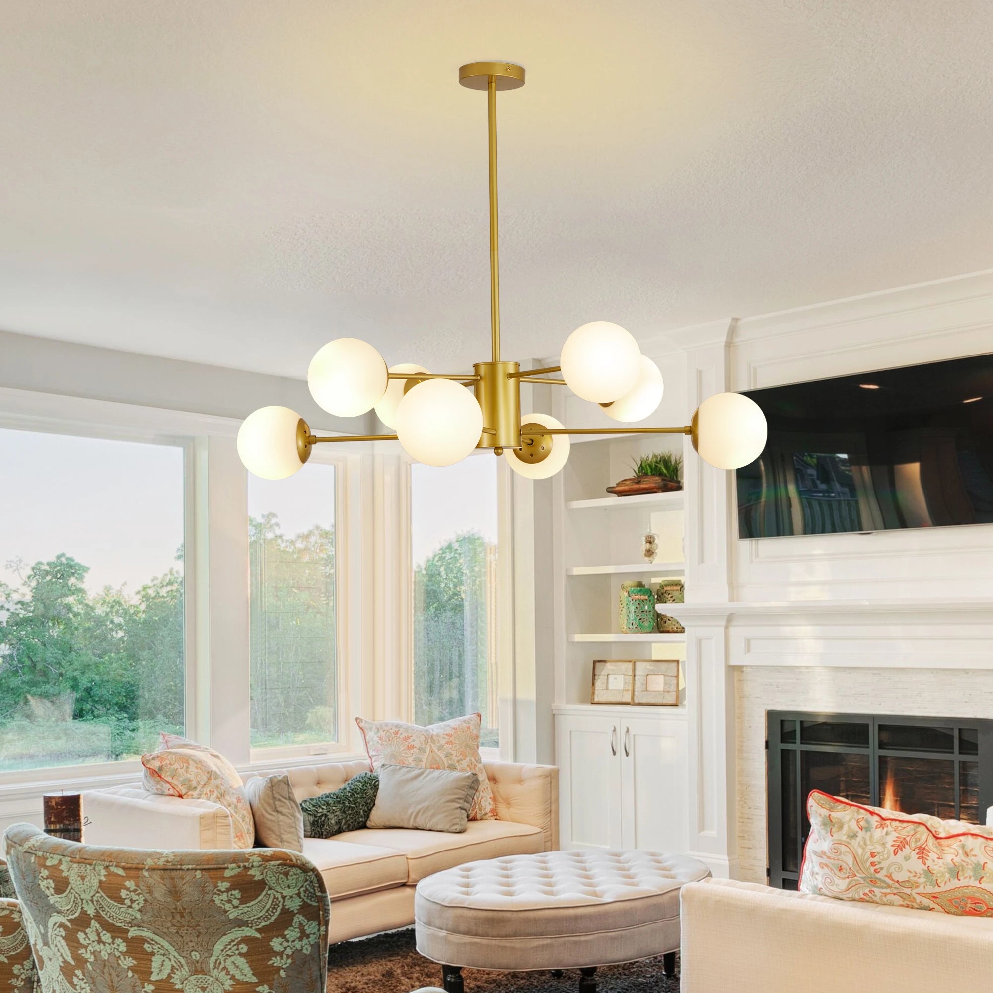 Modern 8-Light Gold Chandelier – Elegant Ceiling Light with White Glass Globe Shades (No Bulbs Included)