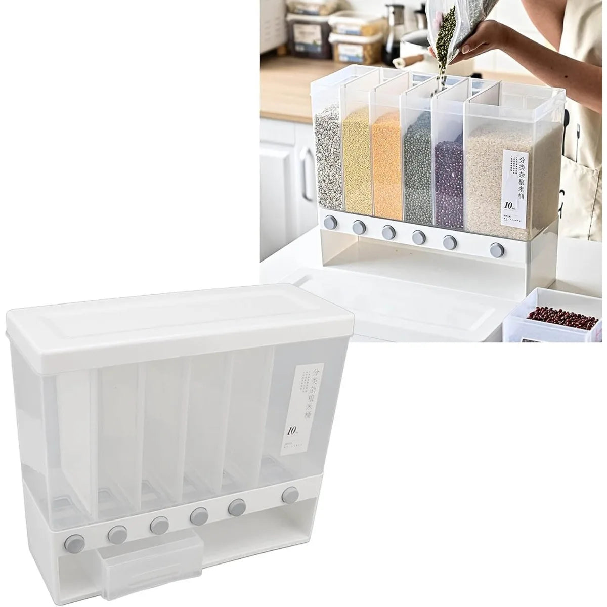 Wall-Mounted Cereal & Dry Food Dispenser 10L – Rice & Grain Storage Container with Measuring Cup for Kitchen & Pantry