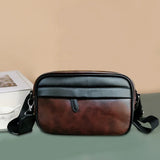 Men’s Plaid Leather Small-Square Crossbody Satchel – Compact Business Shoulder + Sling Bag