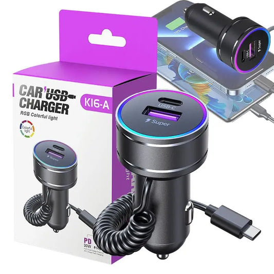 Car Charger Adapter – 30W Fast Charging PD Type-C Adapter Block with Night Vision Design for Cars & SUVs