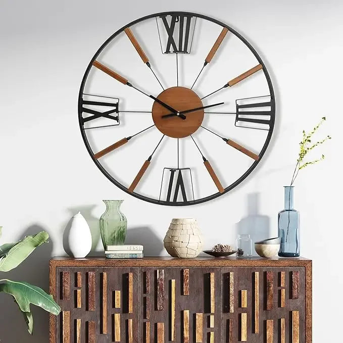 30-Inch Farmhouse Wall Clock – Large Wooden Silent Wall Clock with Boho Beads | Rustic Battery-Operated Easy-Read Design