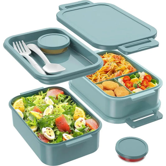 72 oz 3-Layer Stackable Leak-Proof Bento Box – Large Capacity All-in-One Lunch Container with Utensil & Sauce Containers (Green)