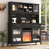 4" Wine Bar Cabinet with Fireplace – LED Lights, Power Outlets & Sliding Doors, Kitchen Pantry Storage