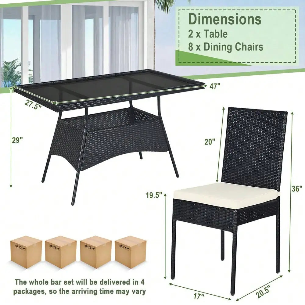 “10-Piece Rattan Patio Dining Set – Outdoor Glass-Top Table with 9 Cushioned Chairs”