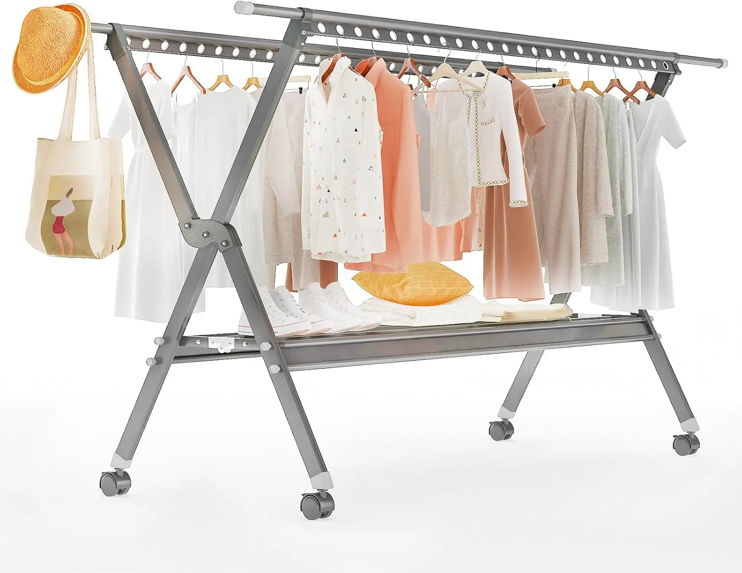 Foldable Clothes Drying Rack with Wheels – Aluminum Alloy Laundry Stand, Indoor & Outdoor Portable Garment Dryer