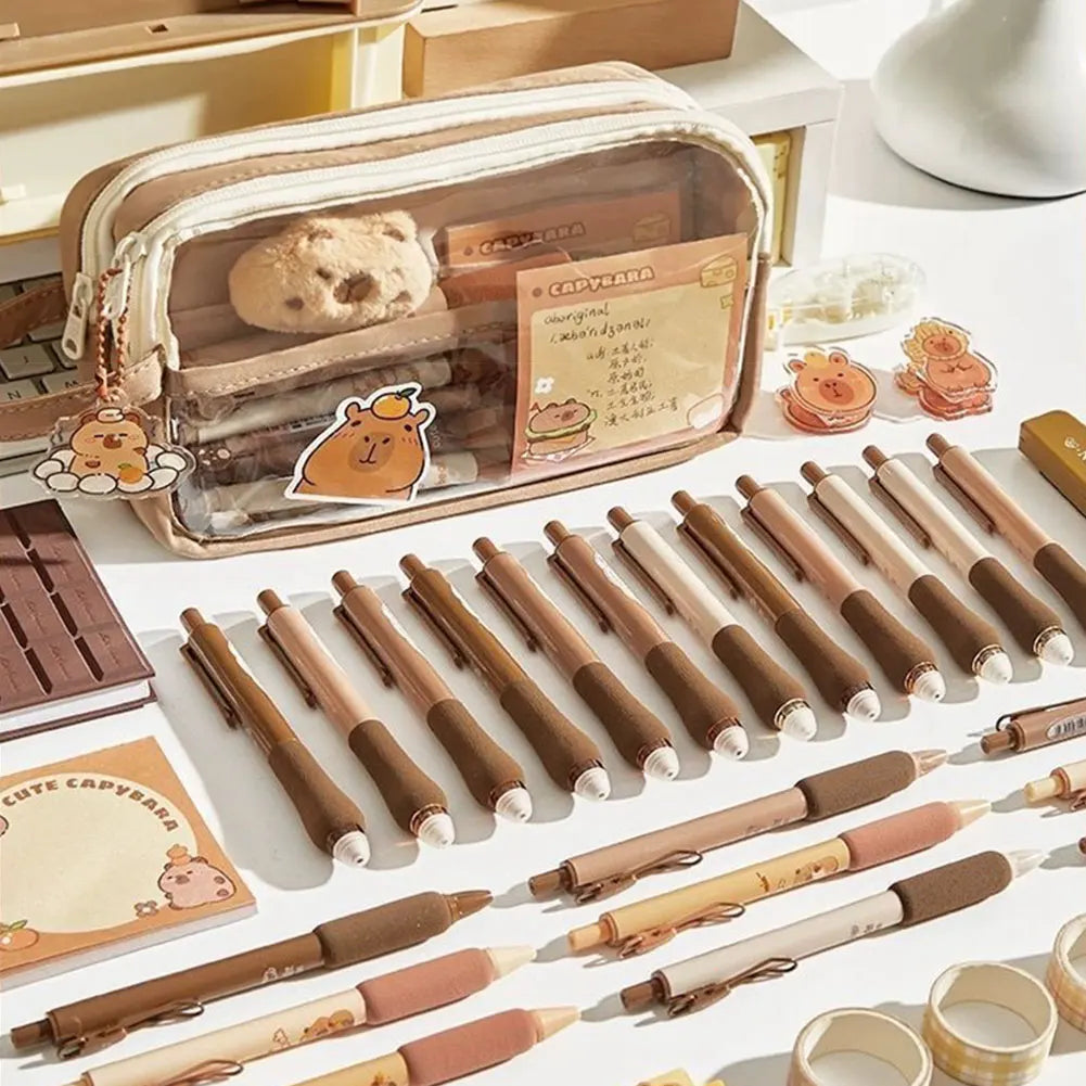 Sweet Capybara Pencil Case with Compartments – Clear Cartoon Stationery Pouch with Sticker Pendant