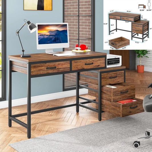 🖥️ 53" L-Shaped Computer Desk – Industrial Home Office Desk with 3 Drawers & Shelves, Rustic Brown Small-Space PC Table