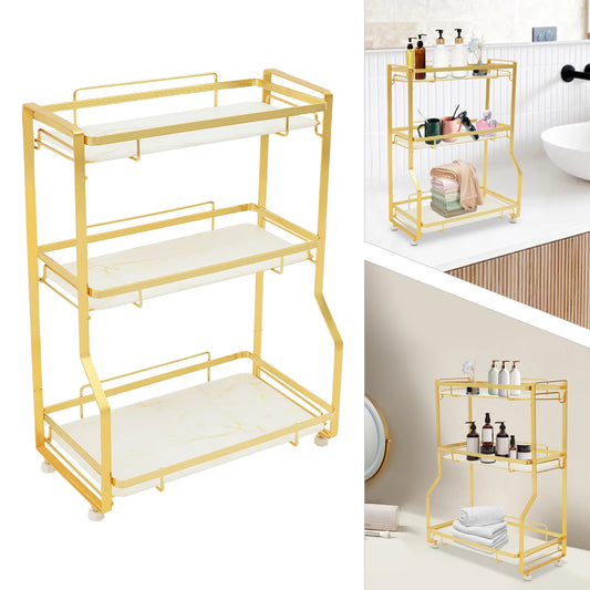3-Tier White & Gold Bathroom Countertop Organizer – Vanity Shelf for Skincare, Makeup & Perfume
