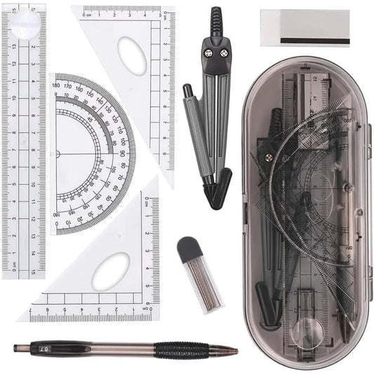 Student Geometry Supplies Kit with Shatterproof Storage Box – Rulers, Protractor, Compass, Pencils, Leads & Erasers
