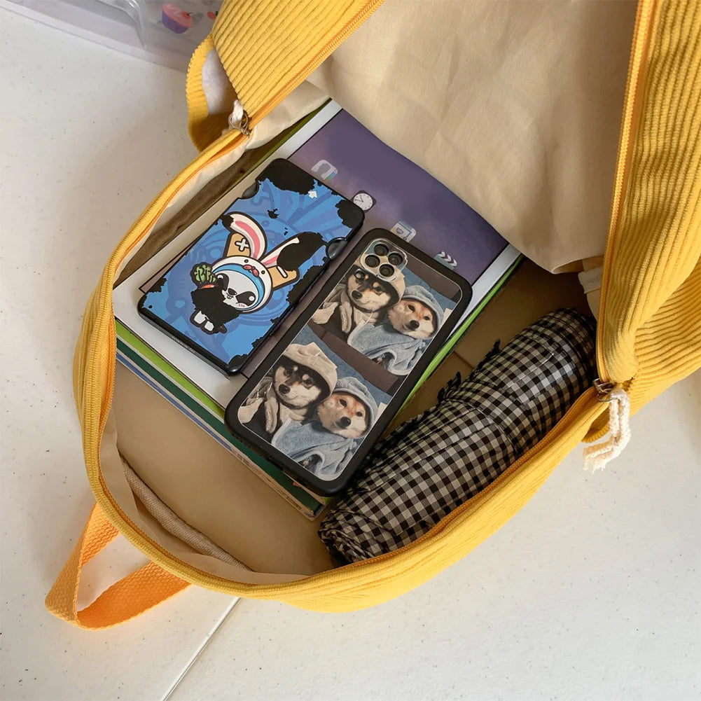 Corduroy Cartoon Duck Backpack for Kids – Large Capacity Cute School & Laptop Bag with Adjustable Straps