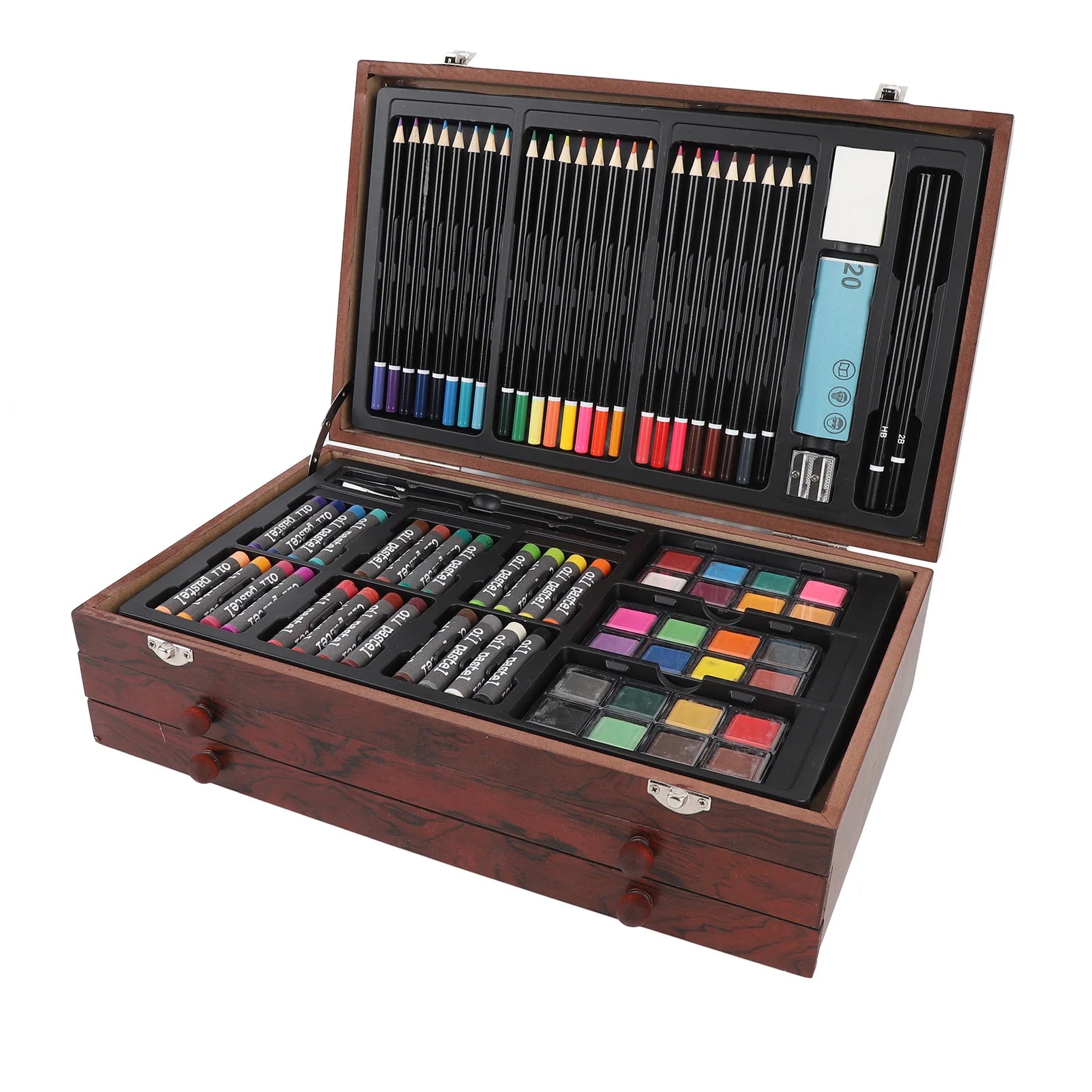 142-Piece Ultimate Wooden Art Set – 24 Colored Pencils, 24 Oil Pastels, 60 Crayons & Watercolor Kit 🎨