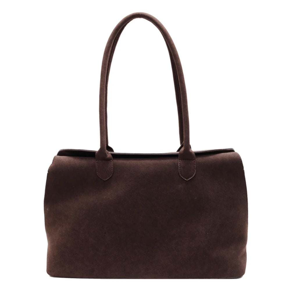 Unisex Suede Top-Handle Tote – Solid Colour Retro Handbag with Inner Pocket for Work & Travel