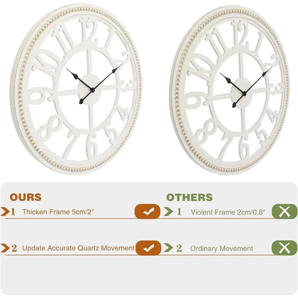 30-Inch Farmhouse Wall Clock – Large Wooden Silent Wall Clock with Boho Beads | Rustic Battery-Operated Easy-Read Design
