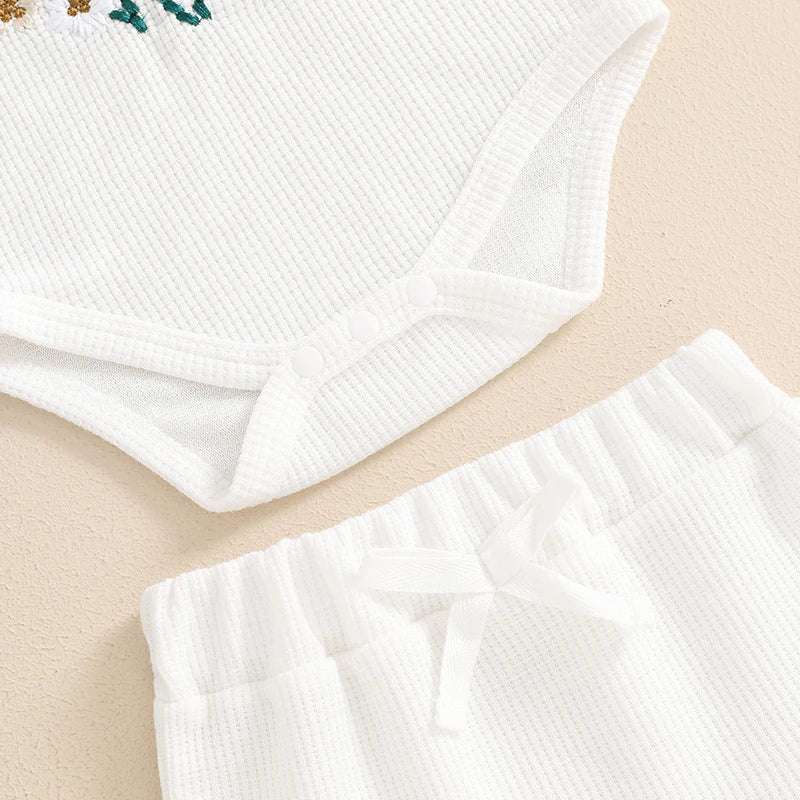 Waffle-Flower Embroidered Sleeveless Romper Set for Baby Girls – Shorts & Headband Included