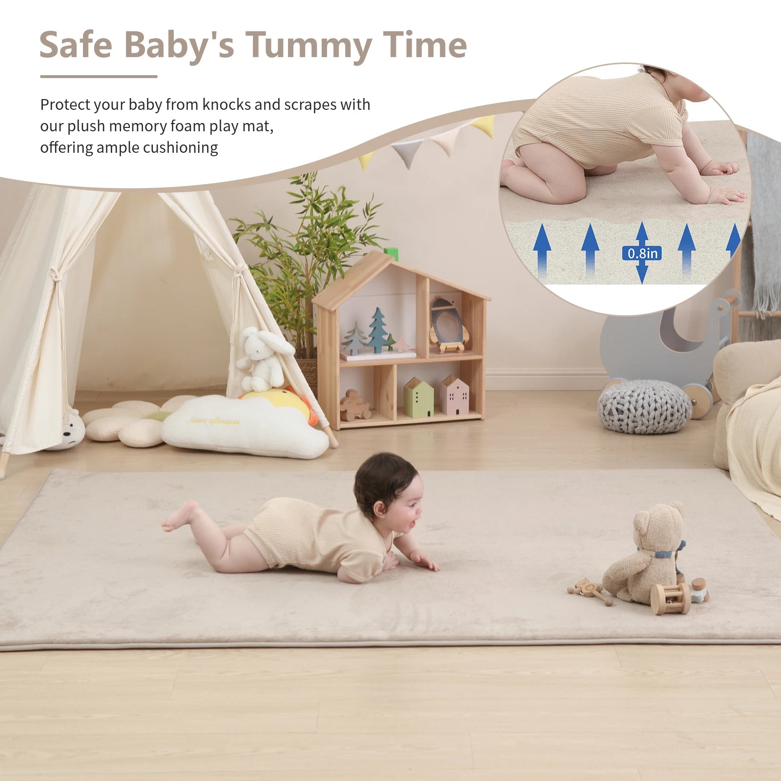 Khaki Water-Repellent Baby Play Mat – Soft Velvet Non-Slip Floor Rug for Crawling & Activities