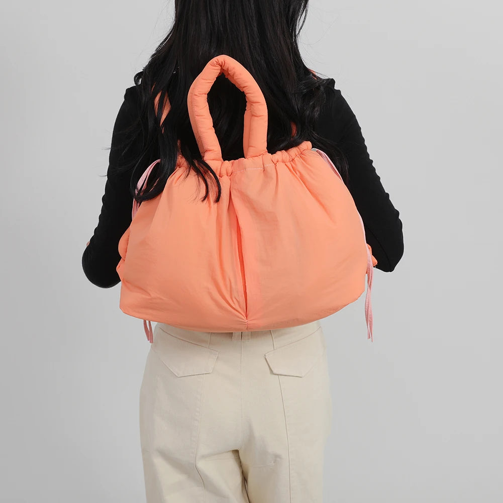 Women’s puffer tote bag – large-capacity nylon puffy handbag with adjustable crossbody strap, solid-color fashion purse for shopping & travel