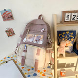 Preppy Style Contrast Color Canvas Backpack for Women – Student Knapsack with Decorative Pendant