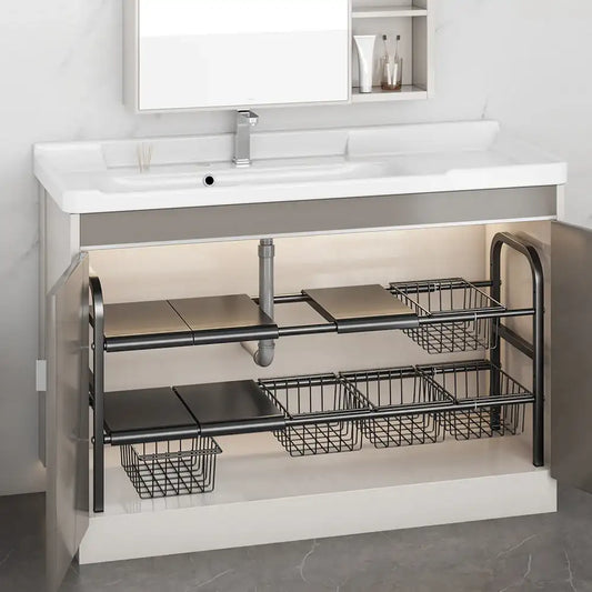 Expandable Under Sink Organizer Rack – 2-Tier Adjustable Cabinet Shelf with Removable Baskets