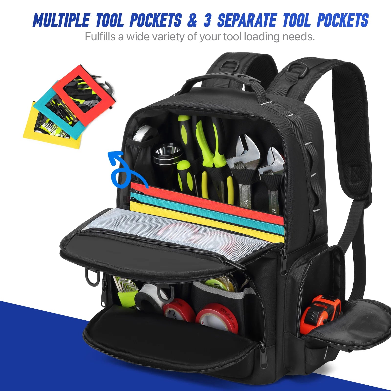 Heavy-Duty Tool Backpack for Men – Professional Tool Storage with 3 Removable Pouches | Electrician, Plumber & Maintenance Organizer Bag