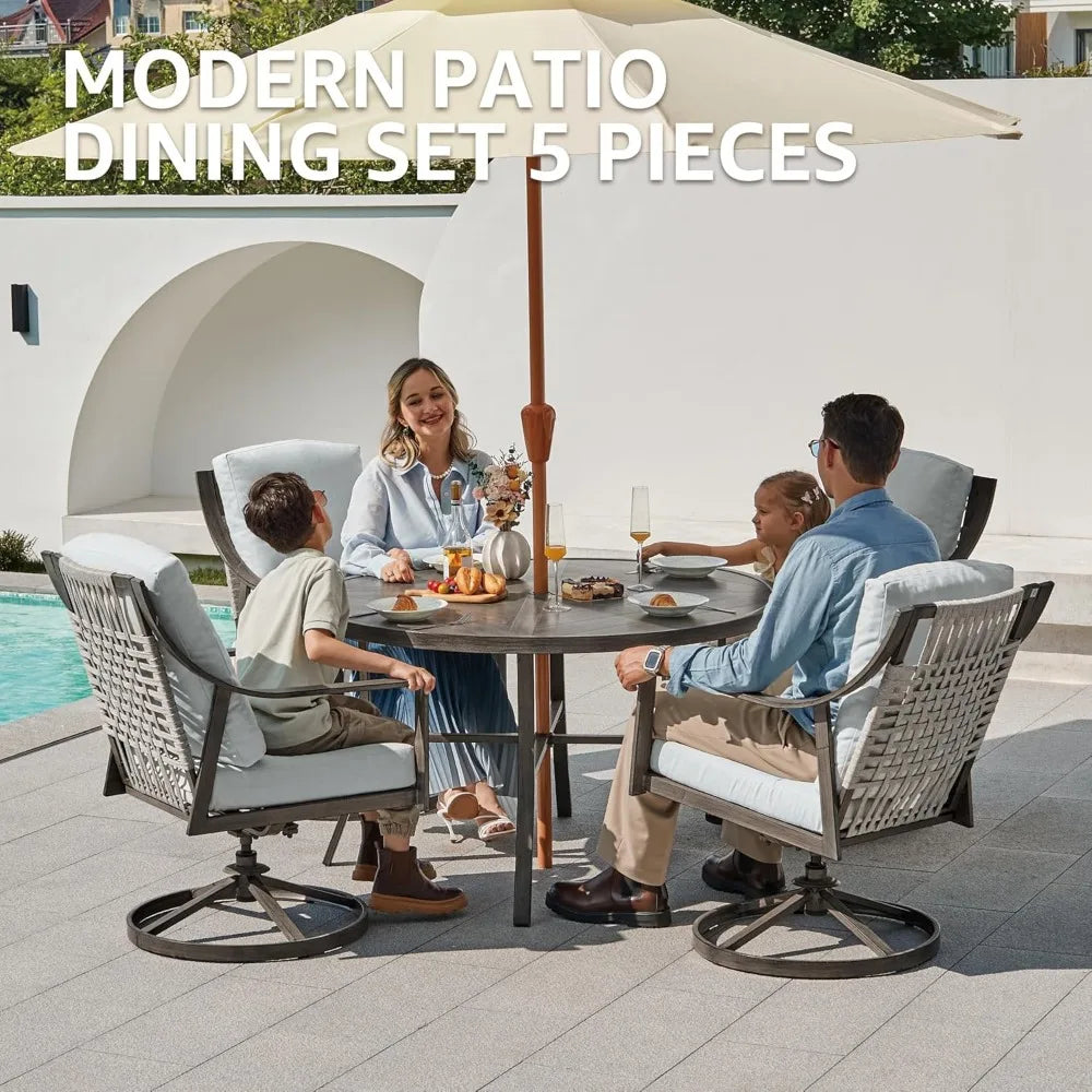 “5-Piece Outdoor Patio Dining Set – 4 Swivel Rocking Chairs & 38'' Round Table with Umbrella Hole”